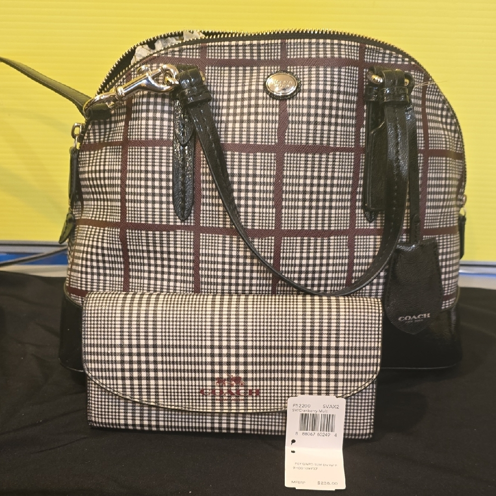 Coach Black and White Plaid Satchel Set